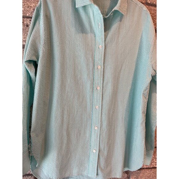 J.McLaughlin Womens Seersucker Button-Down Shirt L Striped Aqua White Cotton Rel - Picture 2 of 8